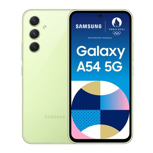 Samsung Galaxy A54 - 5G smartphone - double SIM - RAM 8 Go / Mémoire interne 256 Go - microSD slot - OLED display - 6.4"" - 2340 x 1080 pixels (120 Hz) - 3 x caméras arrière 50 MP, 12 MP, 5 MP - front camera 32 MP - citron vert magnifique État correct - N/A reconditionné disponible sur Fnac