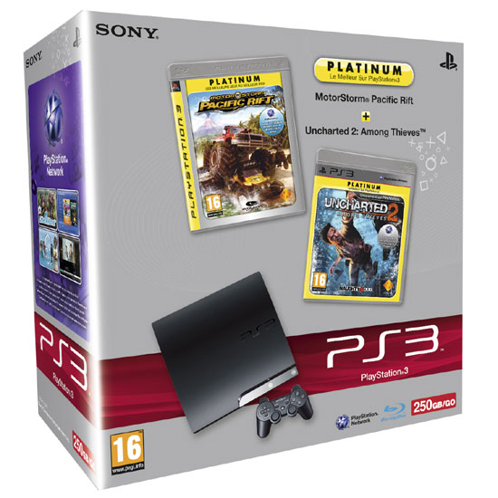 Console PS3 Slim 250 Go Sony + Uncharted 2 Platinum + MotorStorm Pacific Rift Platinum - Console PlayStation 3 Sony. Pack Exclusif Fnac État correct - Sony reconditionné disponible sur Fnac