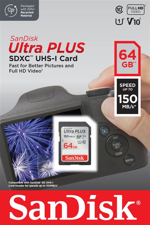 Carte mémoire SD SanDisk Ultra Plus SDXC 64 Go 150 MB/s Gris et Rouge État correct - SanDisk reconditionné disponible sur Fnac