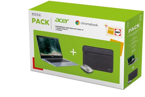 Pack Chromebook Acer CB314-1HT-C6UF Ecran tactile 14"" Intel Celeron 8 Go RAM 64 Go eMMC Gris argent + Souris sans fil + Housse État correct - Acer reconditionné disponible sur Fnac