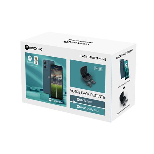 Acheter Pack Smartphone Motorola Moto G06 6,88"" Double SIM 128 Go Tapestry Bleu + buds Bass Dark shadow État correct - 131,99 € Pack Smartphone Motorola Moto G06 6,88"" Double SIM 128 Go Tapestry Bleu + buds Bass Dark shadow État correct - Motorola reconditionné disponible sur Fnac
