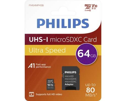 Carte microSDXC Philips 64 Go Class 10 avec adaptateur SD Noir État correct - Philips reconditionné disponible sur Fnac