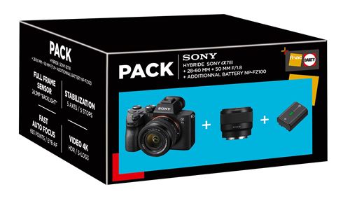 Acheter Pack Fnac Appareil photo hybride Sony Alpha 7III Noir + FE 28-60mm f/4-5.6 + FE 50mm f/1,8 + Batterie additionnelle Sony NP-FZ100 État correct - 1278,99 € Pack Fnac Appareil photo hybride Sony Alpha 7III Noir + FE 28-60mm f/4-5.6 + FE 50mm f/1,8 + Batterie additionnelle Sony NP-FZ100 État correct - Sony reconditionné disponible sur Fnac