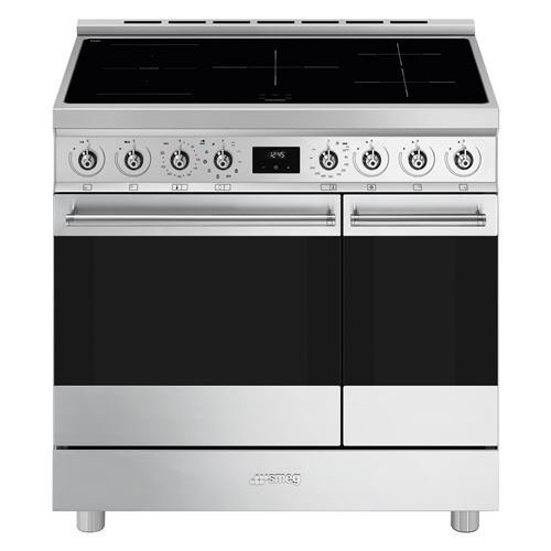 Centre de cuisson ''Sinfonia'', 90 cm, 5 foyers induction dont 1 multizone, Four multifonction chaleur tournante, pyrolyse, 70 litres, afficheur tactile, porte froide, 1 kit rails telescopiques, Petit Four 3 modes de cuisson 35 litres État correct - Smeg reconditionné disponible sur Fnac