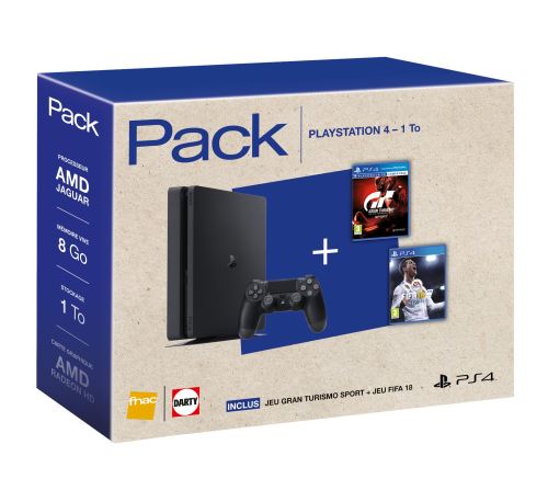 Pack Fnac Console Sony PS4 Slim 1 To Noire + Jeu Gran Turismo Sport + Jeu Fifa 18 État correct - Sony reconditionné disponible sur Fnac