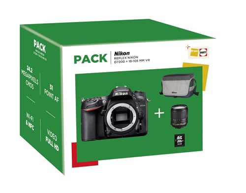 Pack Fnac Reflex Nikon D7200 Boîtier Nu + Objectif AFS DX Nikkor 18-105 mm f/3.5-5.6G ED VR + Fourre-tout + Carte mémoire SDHC 16 Go - État correct Nikon sur Fnac