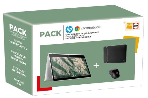 Pack Chromebook HP 14b-ca0008nf 14"" Intel Pentium Silver 8 Go RAM 128 Go eMMC Blanc + Souris x3000 + Housse de protection réversible - État correct Hewlett-Packard sur Fnac
