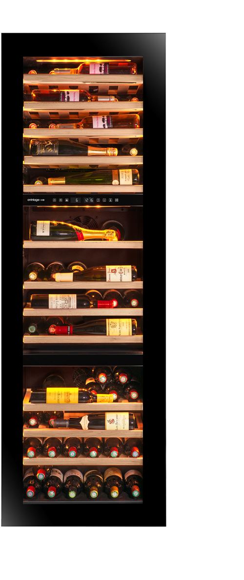 Cave de service integrable en colonne auto-ventilee, niche 178, Triple zone, PUSH-PULL reversible, charniere pantographe, controlable a distance avec l''application VINOTAG, eclairage LED modulable. 39dB classe G État correct - Avintage reconditionné disponible sur Fnac
