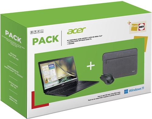 Pack PC Portable Acer Aspire 3 A315-56-39QA 15,6"" Intel Core i3 8 Go RAM 256 Go SSD Noir + Souris optique sans fil + Housse État correct - Acer reconditionné disponible sur Fnac