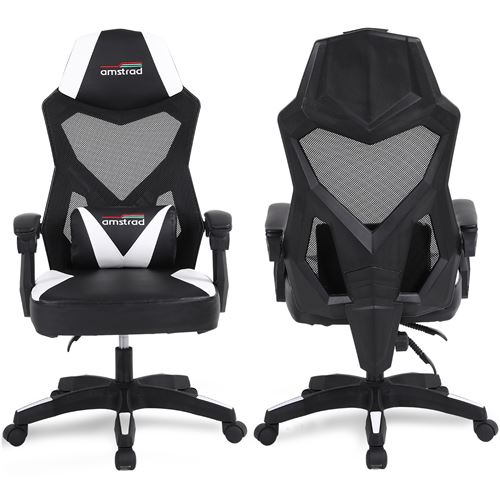 Amstrad AMS-309-WH Fauteuil / Chaise / Siège de bureau ou Gamer noir & blanc - Coussin lombaire - Tissu en maille respirante État correct - N/A reconditionné disponible sur Fnac