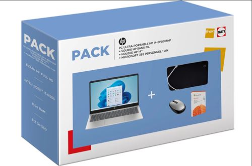 Pack PC Ultra-Portable HP 14-ep0013nf 14"" Intel® Core™ i3 8 Go RAM 512 Go SSD Argent naturel + Souris HP Sans Fil + Housse HP 14"" + Microsoft 365 Personnel 1 an État correct - Hewlett-Packard reconditionné disponible sur Fnac
