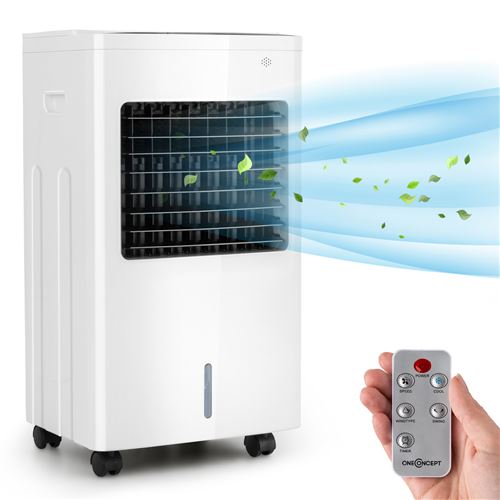 Rafraîchisseur d'air - OneConcept Freeze Me - Ventilateur - 75W - Humidificateur - 400m³/h - Refroidisseur d'air - Mobile - Télécommande - 65dB - Blanc État correct - Klarstein reconditionné disponible sur Fnac