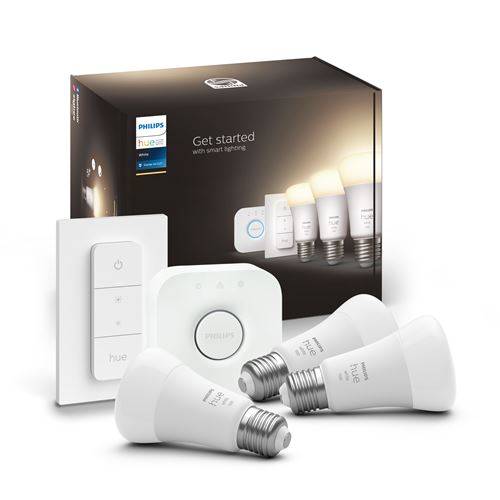 Kit de démarrage Philips Hue White : 3 ampoules E27 + pont + télécommande État correct - Philips Hue reconditionné disponible sur Fnac