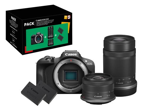 Pack Appareil photo hybride Canon EOS R100 Noir + Objectif RF-S 18-45mm f/4.5-6.3 IS STM + Objectif RF-S 55-210 mm f/5-7.1 IS STM + 2ème batterie + chargeur - État correct Canon sur Fnac