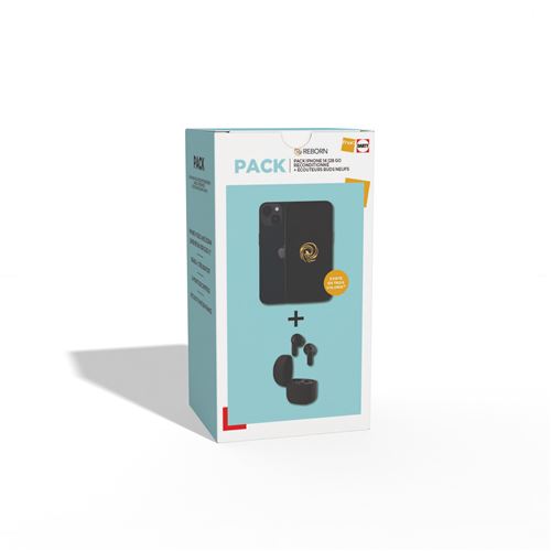 Pack Apple iPhone 14 6,1"" 5G Double SIM 128 Go Noir Reconditionné par Reborn Grade A + Ecouteurs sans fil noir Neufs État correct - N/A reconditionné disponible sur Fnac