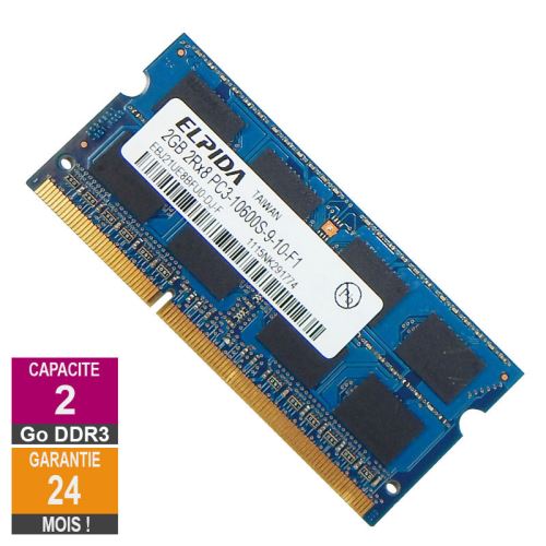 Barrette Mémoire 2Go RAM DDR3 Elpida EBJ21UE8BFU0-DJ-F SO-DIMM PC3-10600 1333MHz 2Rx8 État correct - N/A reconditionné disponible sur Fnac