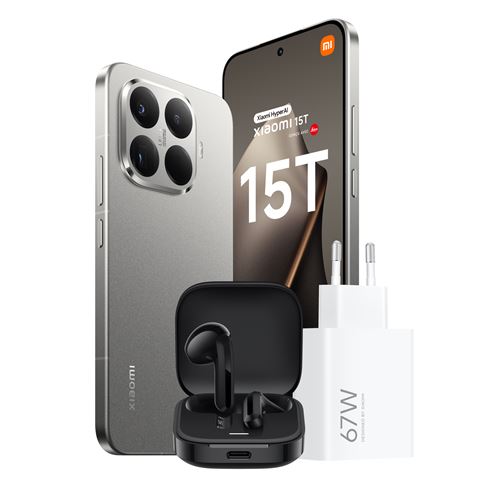 Pack Smartphone Xiaomi 15T 6,83"" 5G Double nano SIM 256 Go Gris Titane conçu avec Leica + Xiaomi Hyper chargeur 67W sans câble + Redmi buds 6 active Noir État correct - Xiaomi reconditionné disponible sur Fnac