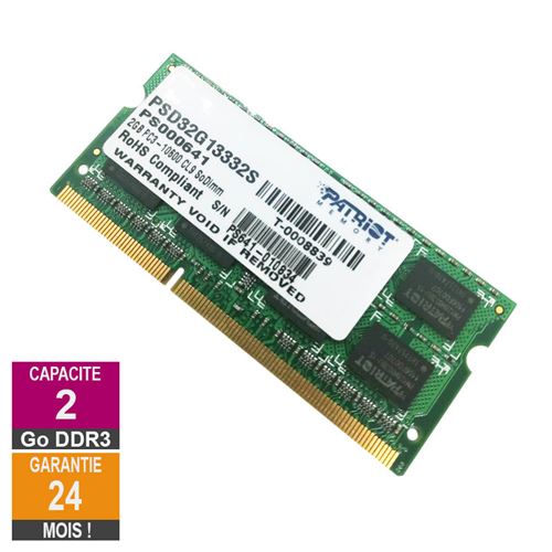 Barrette Mémoire 2Go RAM DDR3 Patriot Memory PSD32G13332S SO-DIMM PC3-10600S État correct - Patriot reconditionné disponible sur Fnac