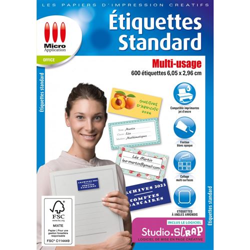 Acheter Lot de 600 étiquettes standard Multi-usage Micro Application 2,96 x 6,05 cm Blanc État correct - 23,23 € Lot de 600 étiquettes standard Multi-usage Micro Application 2,96 x 6,05 cm Blanc État correct - Micro Application reconditionné disponible sur Fnac