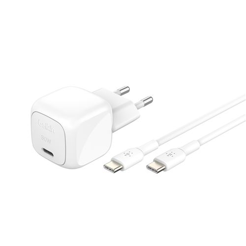 Chargeur secteur USB-C Belkin Power Delivery 30W Blanc + 2 câbles USB-C Blanc pour smartphone et tablettes État correct - Belkin reconditionné disponible sur Fnac