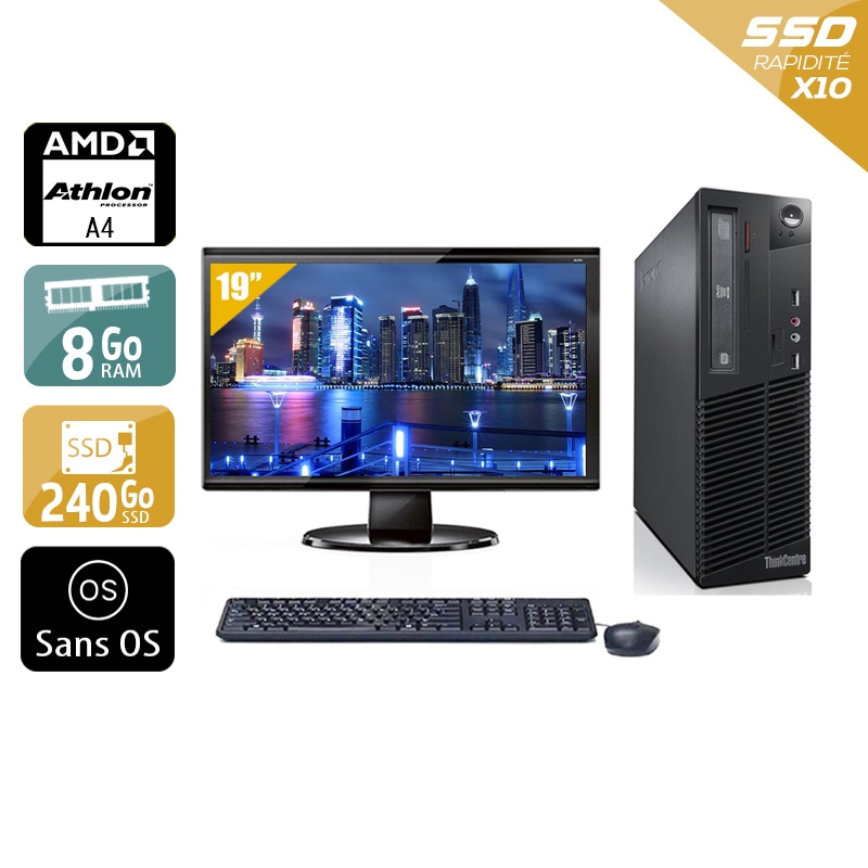 Lenovo ThinkCentre M78 SFF AMD A4 + Écran - 19'' 8Go RAM 240Go SSD Sans OS  Très bon étatOccasion certifiée reconditionnée Bon état -  reconditionné disponible sur Kiatoo