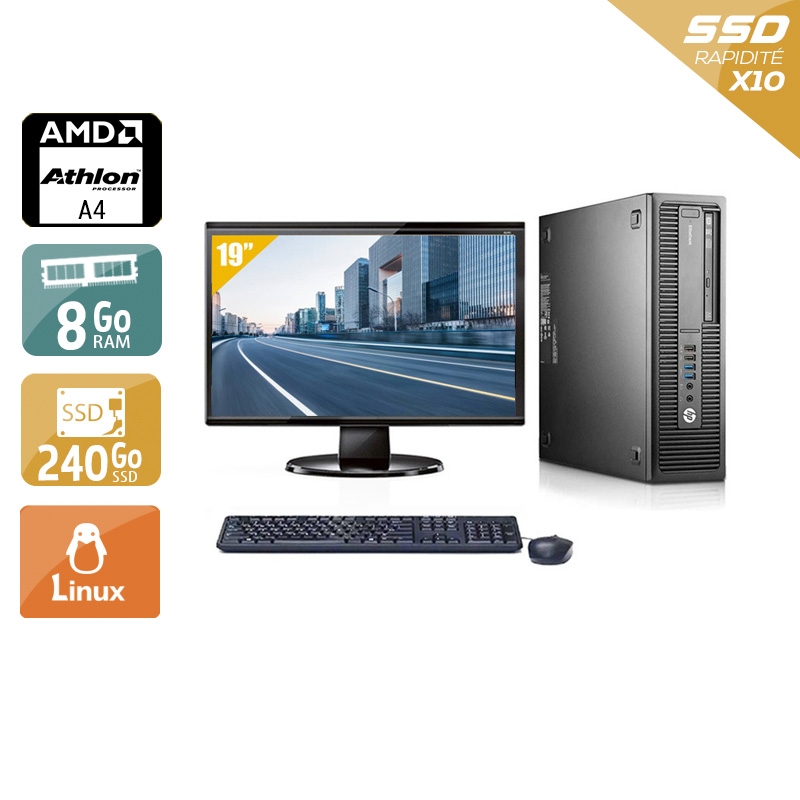 HP EliteDesk 705 G1 SFF AMD A4 + Écran - 19'' 8Go RAM 240Go SSD Linux  Bon étatOccasion certifiée reconditionnée