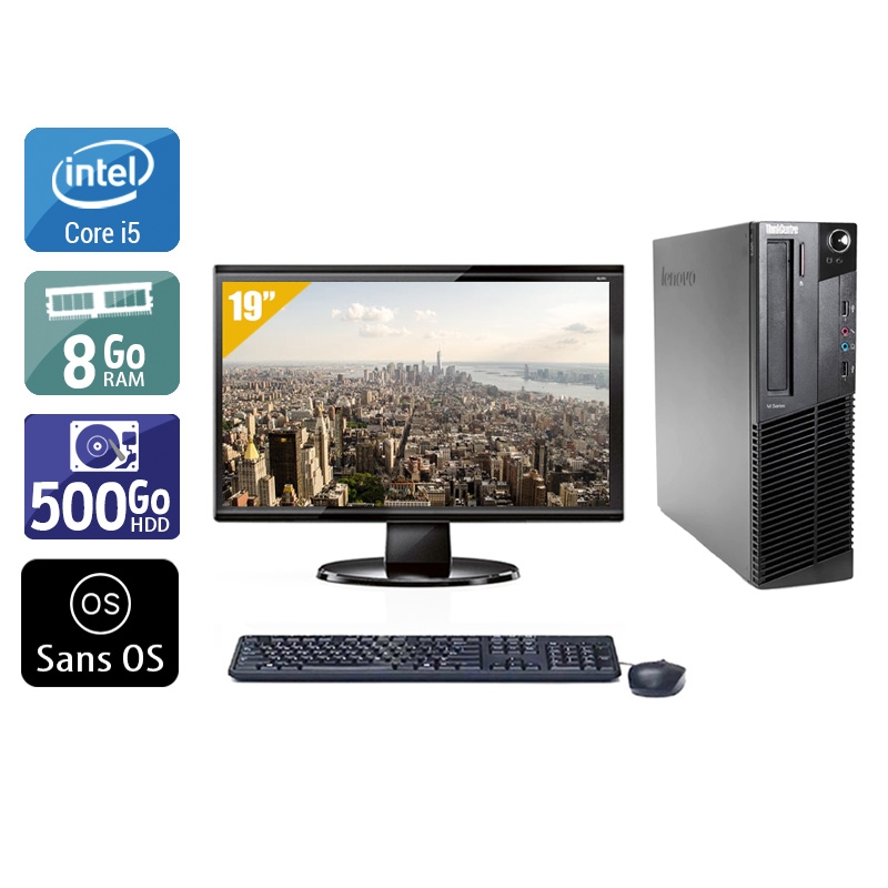 Lenovo ThinkCentre M91 SFF i5 + Écran - 19'' 8Go RAM 500Go HDD Sans OS  Bon étatOccasion certifiée reconditionnée