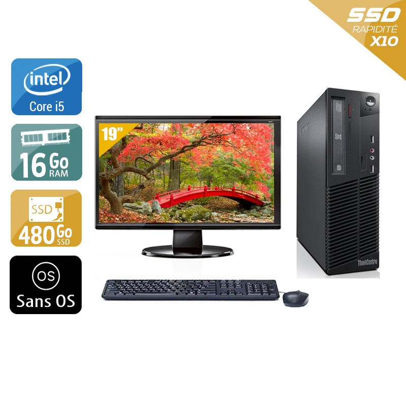 Lenovo ThinkCentre M73 SFF i5 + Écran - 19'' 16Go RAM 480Go SSD Sans OS  Bon étatOccasion certifiée reconditionnée
