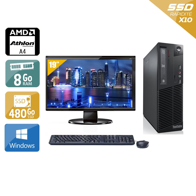 Lenovo ThinkCentre M78 SFF AMD A4 + Écran - 19'' 8Go RAM 480Go SSD Windows 10  Très bon étatOccasion certifiée reconditionnée