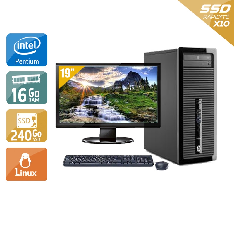 HP ProDesk 400 G1 Tower Pentium G Dual Core + Écran - 19'' 8Go RAM 240Go SSD Linux Bon étatOccasion certifiée reconditionnée