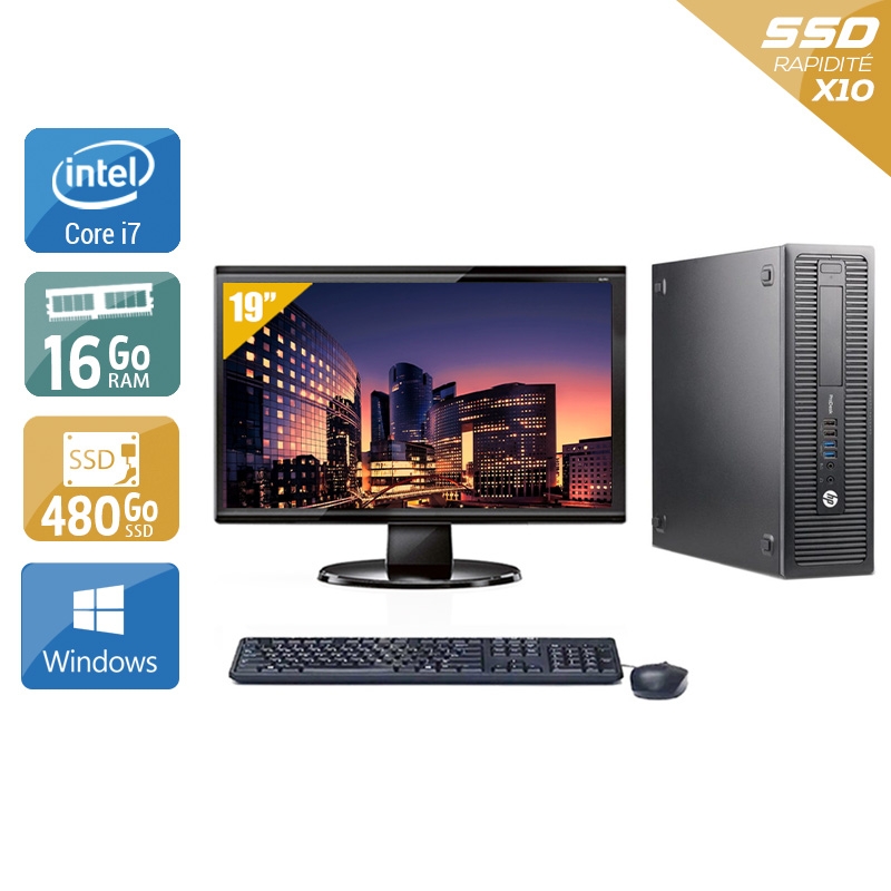 HP ProDesk 600 G1 SFF i7 + Écran - 19'' 16Go RAM 480Go SSD Windows 10  Bon étatOccasion certifiée reconditionnée