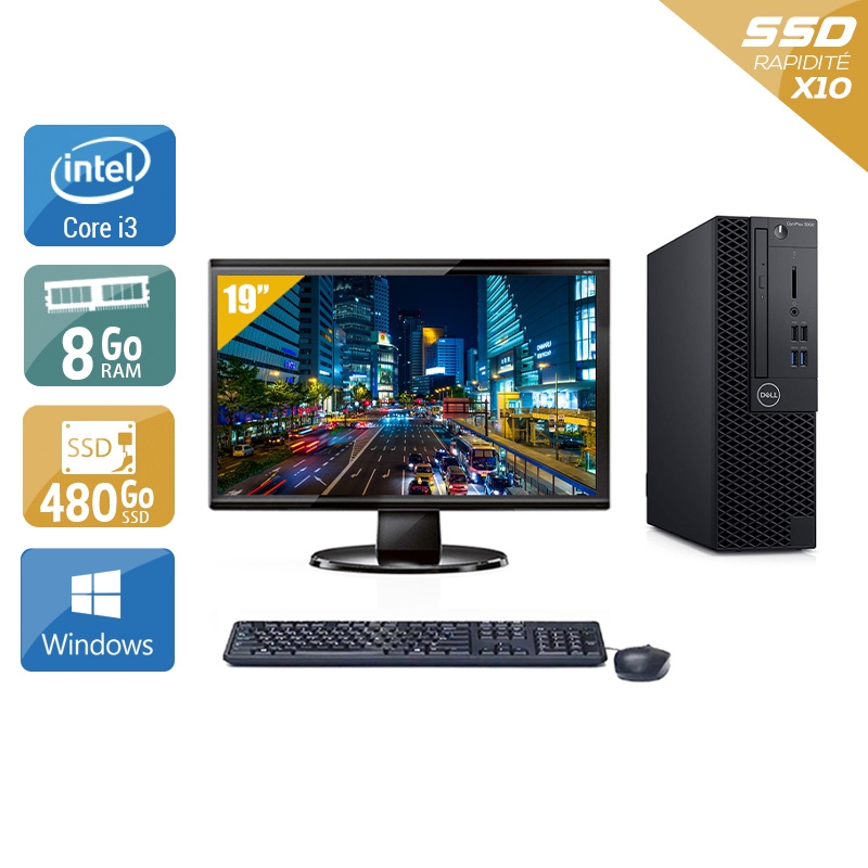 Dell Optiplex 3060 SFF i3 Gen 8 + Écran - 19'' 8Go RAM 480Go SSD Windows 10  Bon étatOccasion certifiée reconditionnée