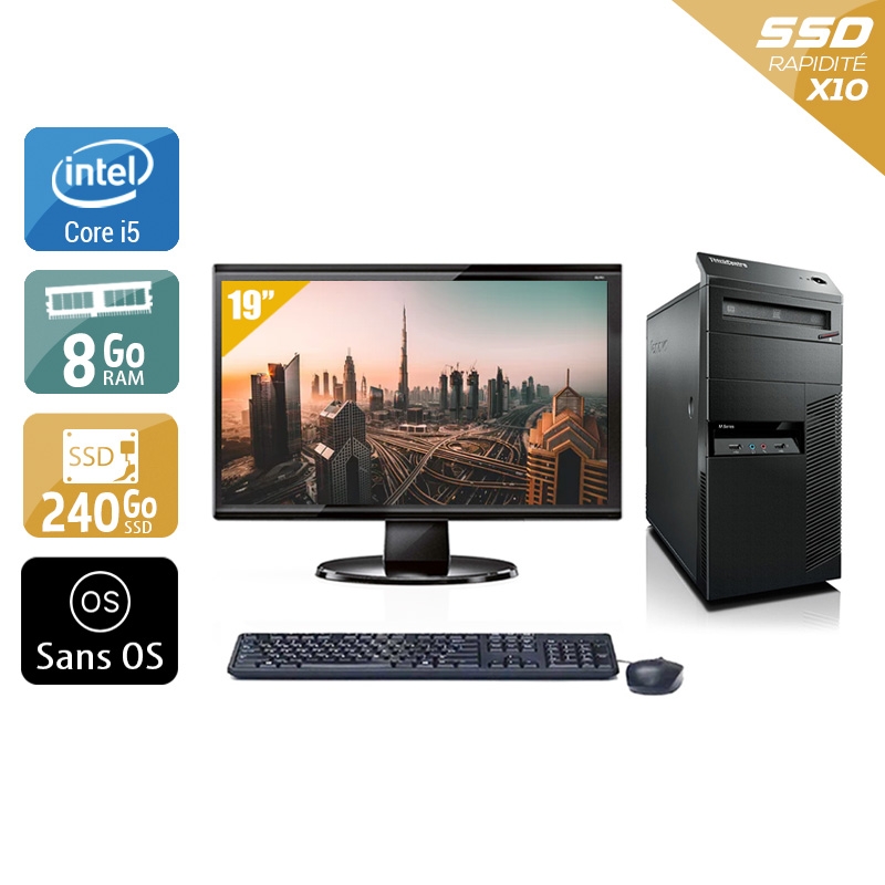 Lenovo ThinkCentre M90 Tower i5 + Écran - 19'' 8Go RAM 240Go SSD Sans OS Bon état