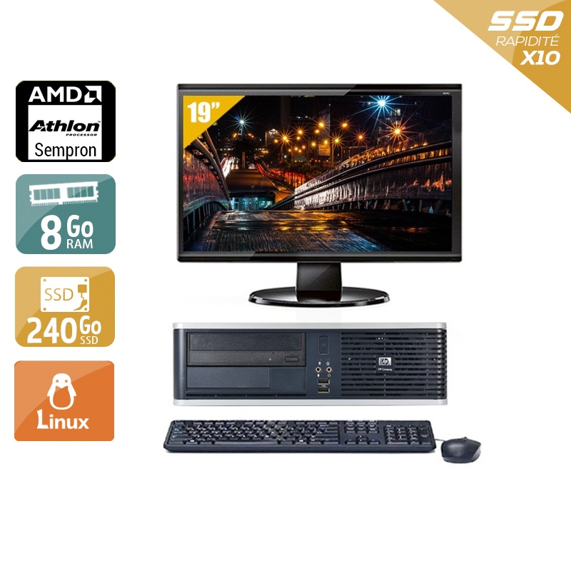 HP Compaq dc5750 SFF AMD Sempron + Écran - 19'' 8Go RAM 240Go SSD Linux Bon état
