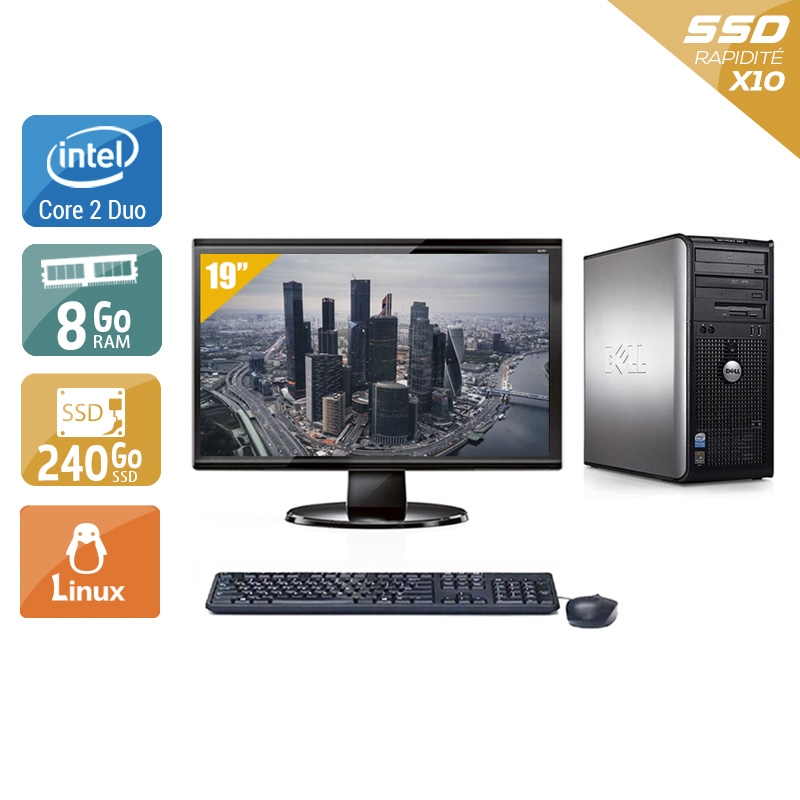 Dell Optiplex 760 Tower Core 2 Duo + Écran - 19'' 8Go RAM 240Go SSD Linux  Bon étatOccasion certifiée reconditionnée