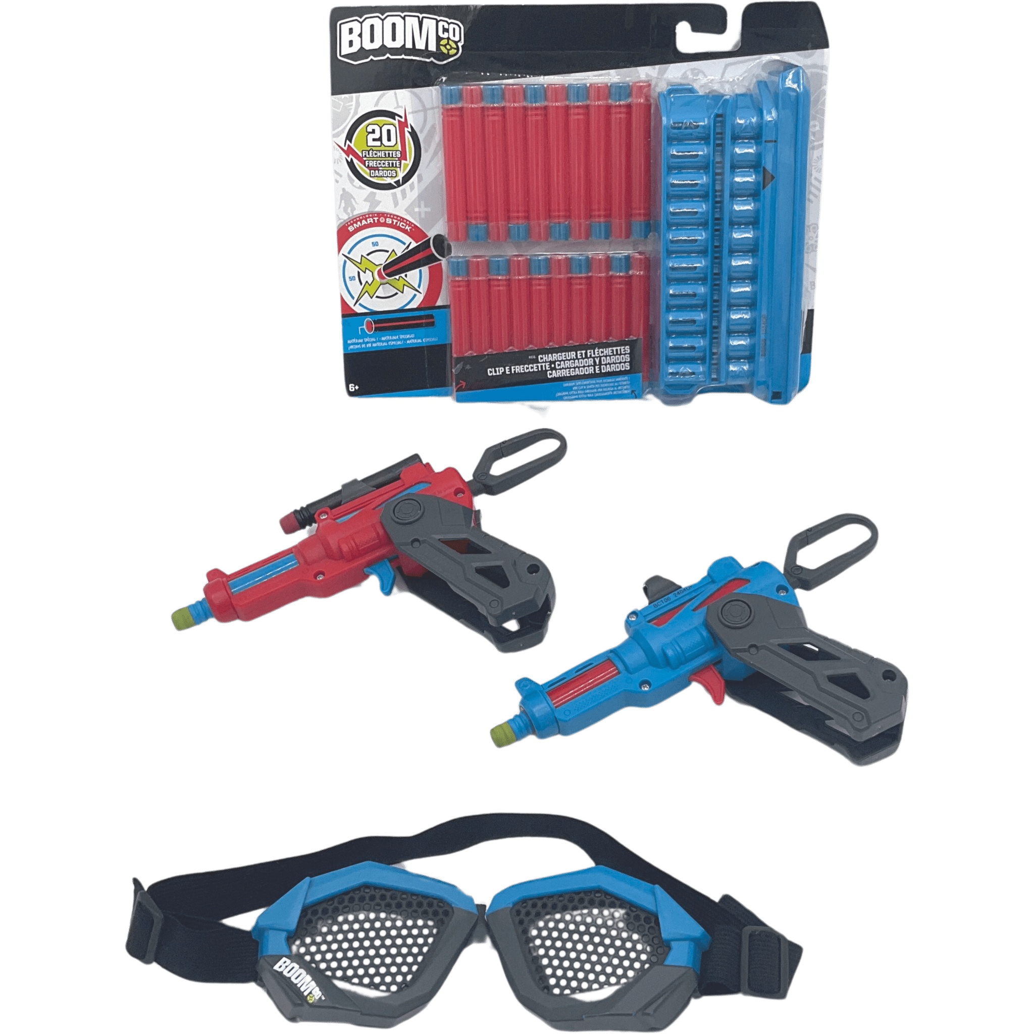 Lot de pistolets, lunettes de protection, chargeur et fléchettes