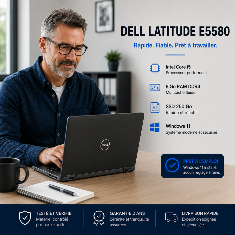 DELL LATITUDE E5580 Windows 11 - SSD 250 GO - Core I5 - Ram 8 Go  - Bon état -  reconditionné disponible sur PC-PORTABLE.NET
