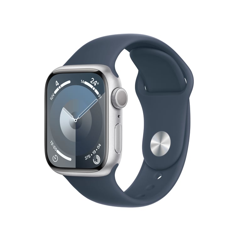 Watch Series 9 GPS, boitier en aluminium de 41 mm avec boucle en caoutchouc, Bleu, M/L - Bon état