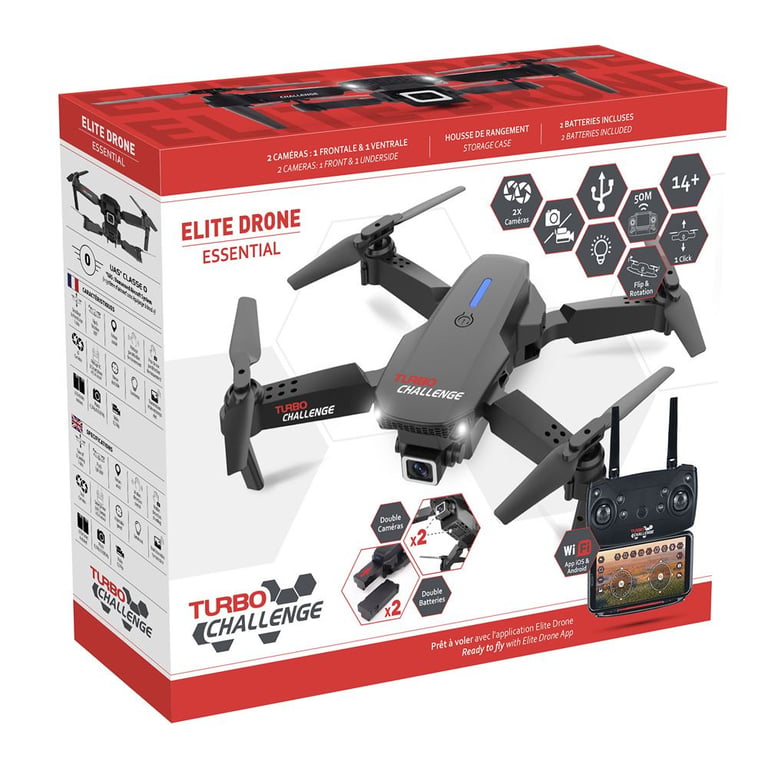 Drone pliable Turbo Challenge Elite Drone Essential G10271 2 caméras 2 batteries Wi?Fi Noir - Excellent état Comme neuf - N/A reconditionné disponible sur Pixmania