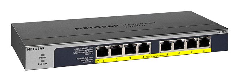 NETGEAR GS108PP Non-géré Gigabit Ethernet (10/100/1000) Connexion Ethernet, supportant l'alimentation via ce port (PoE) Noir - Excellent état Comme neuf - Netgear reconditionné disponible sur Pixmania