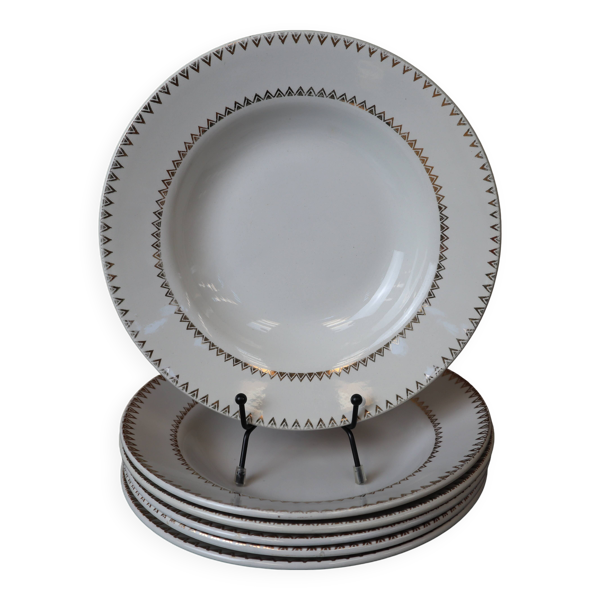 Ensemble de 6 assiettes creuses en porcelaine Frise dorée - Bon état sur Selency