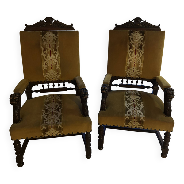 Grand fauteuil / trône ancien en noyer sculpté à têtes de lions. - Bon état sur Selency