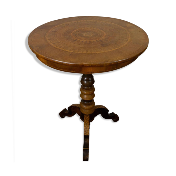 Guéridon tripode en marqueterie et bois mélangés, Italie, 19ème siècle - Bon état sur Selency