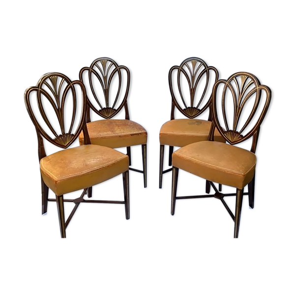 Série quatre chaises anglaises Hepplewhite acajou cuir début XXème - Bon état sur Selency