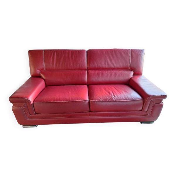 Canapé 3 places en cuir de buffle rouge Chateau d'Ax - Bon état sur Selency