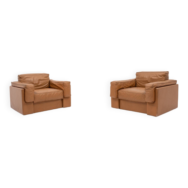 Fauteuils club italiens modernes en cuir cognac - Bon état sur Selency