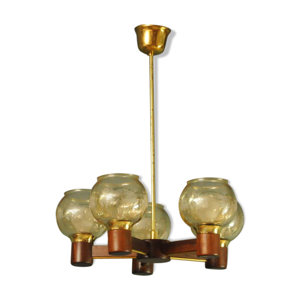 Lustre scandinave en bois d'acajou et laiton - Bon état sur Selency