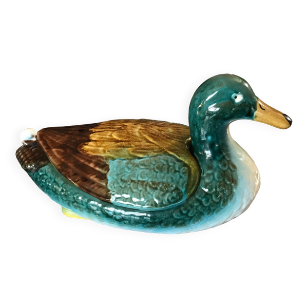 Soupière centrale, plat et couvercle en céramique émaillée polychrome, forme canard - Bon état sur Selency