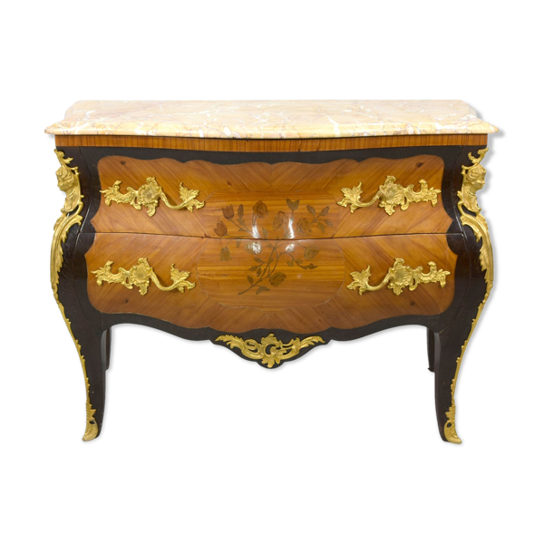 Commode sauteuse Louis XV marqueterie florale 1900