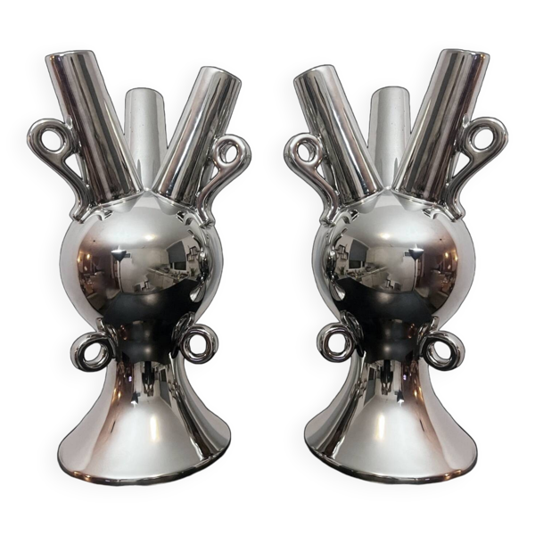 2 Grands Vases Vintage • Céramique Chromée • XXL • 1990 - Bon état sur Selency